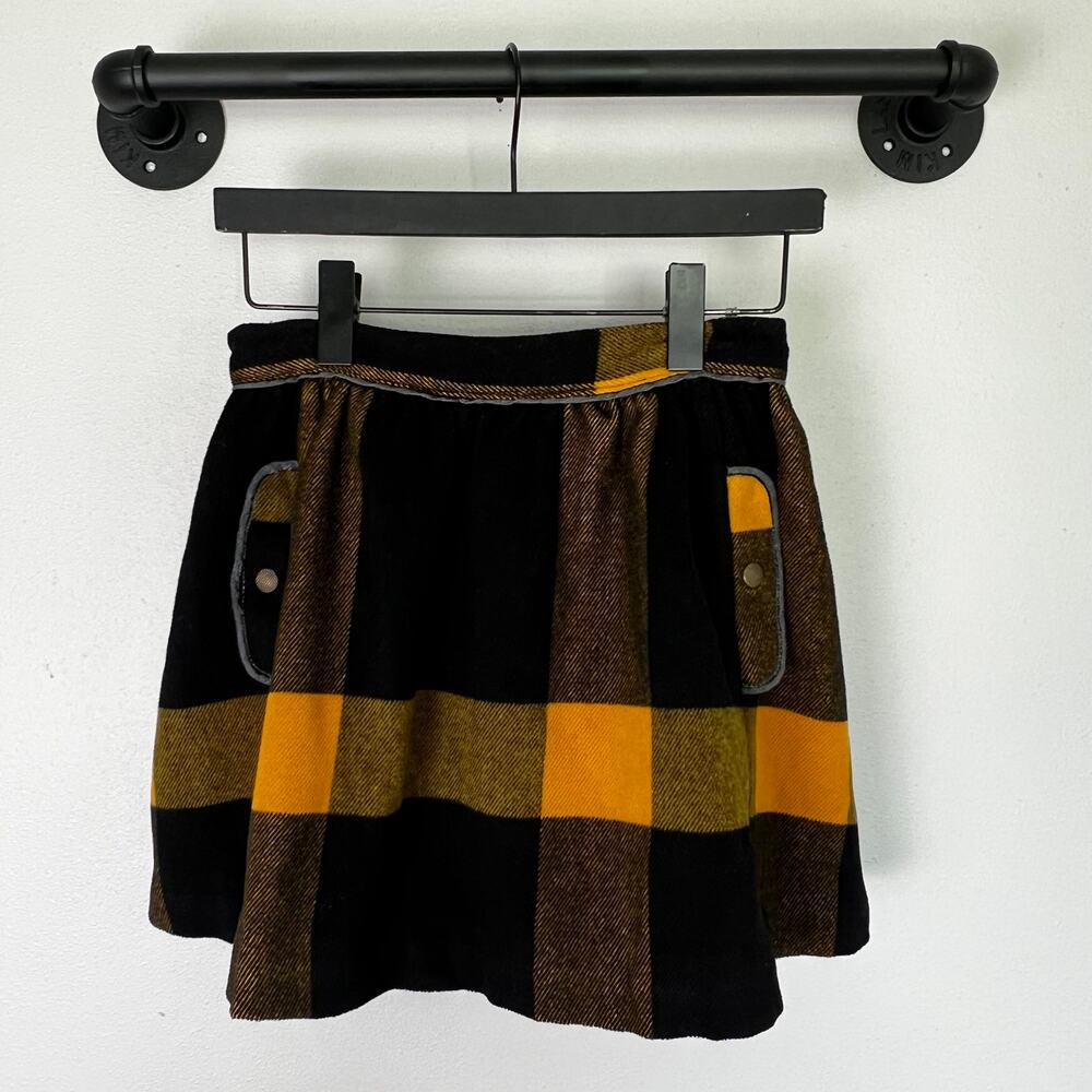 Free People Yellow Black Buffalo Plaid Mini Skirt Flap Pockets Size 2